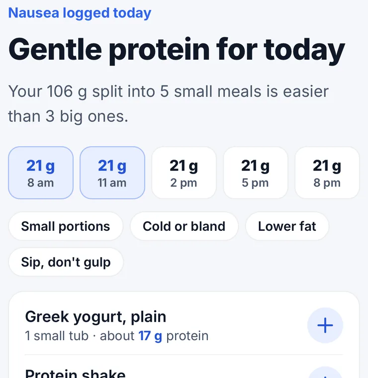 Gentle protein for today: 106 g split into five small meals, with tips like small portions, cold or bland, and sip, don't gulp