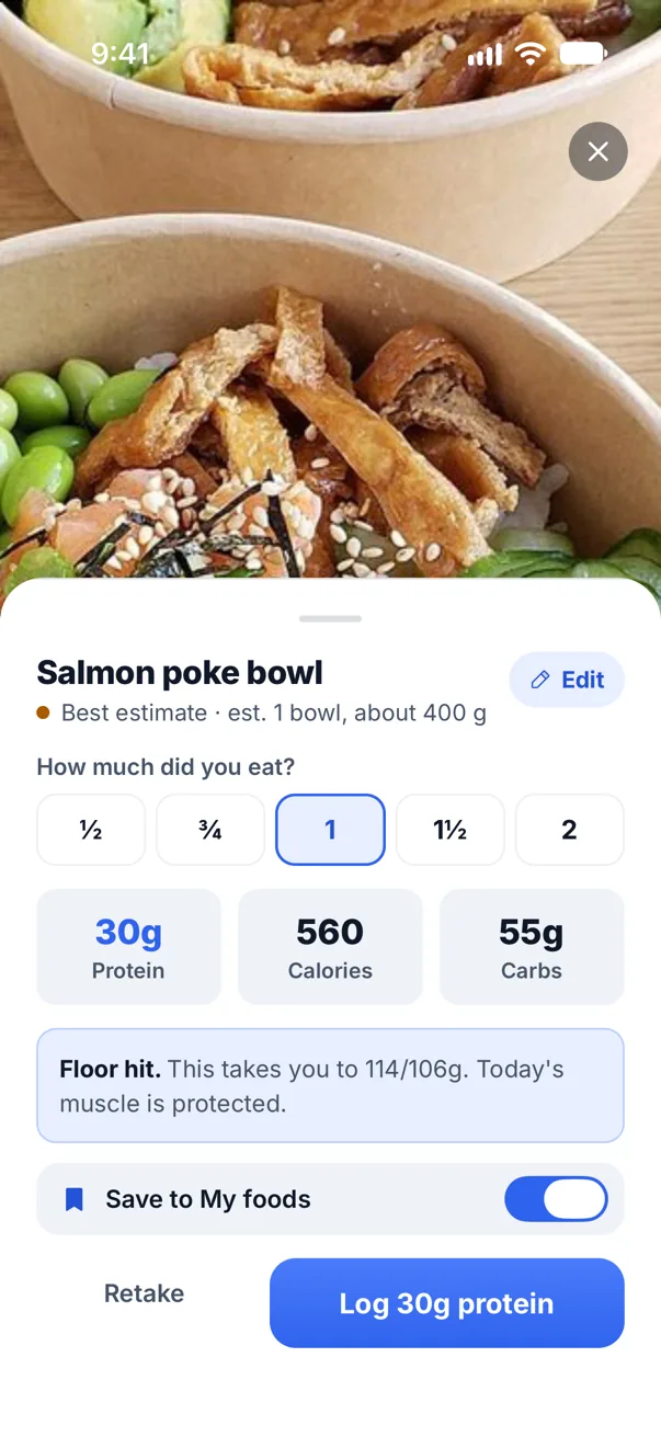 Keep's meal scan: a photo of a salmon poke bowl with 30 g protein, 560 calories and 55 g carbs